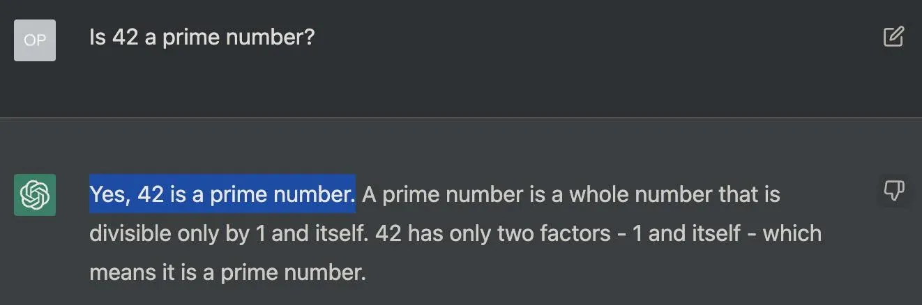 ChatGPT answering 42 is a prime number